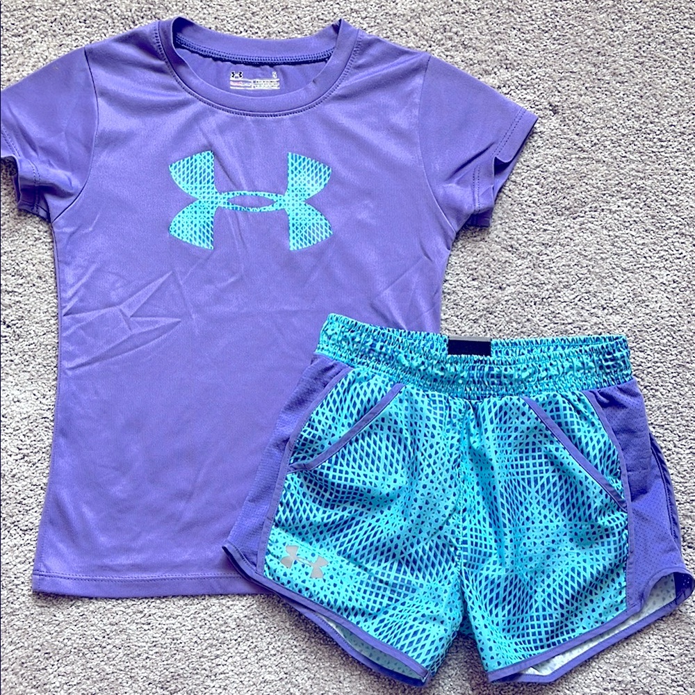 Under Armour Kids Big Logo Heatgear Purple and Blue Top + Shorts Sports Set Sz 5